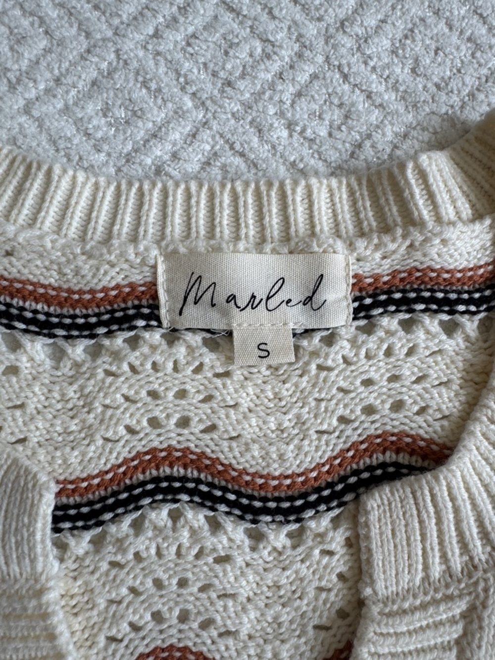 Marled Cream V-Neck Sweater with Brown and Black Stripes - Picture 2 of 7